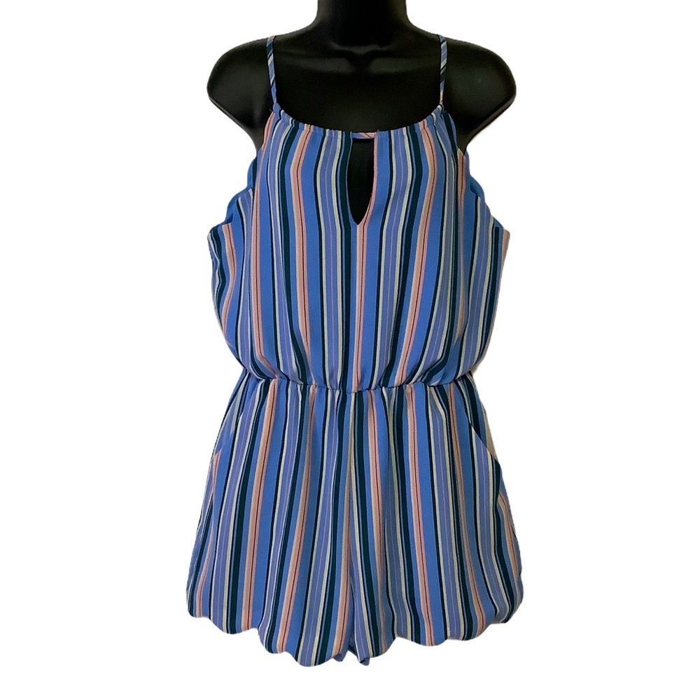 As U Wish Blue Striped Halter Scalloped Romper M